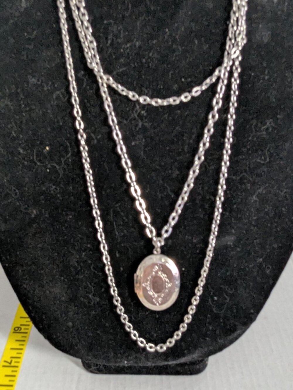 Vintage 3 Strand Tiered Silver Tone Etched Pendant Locket Necklace
